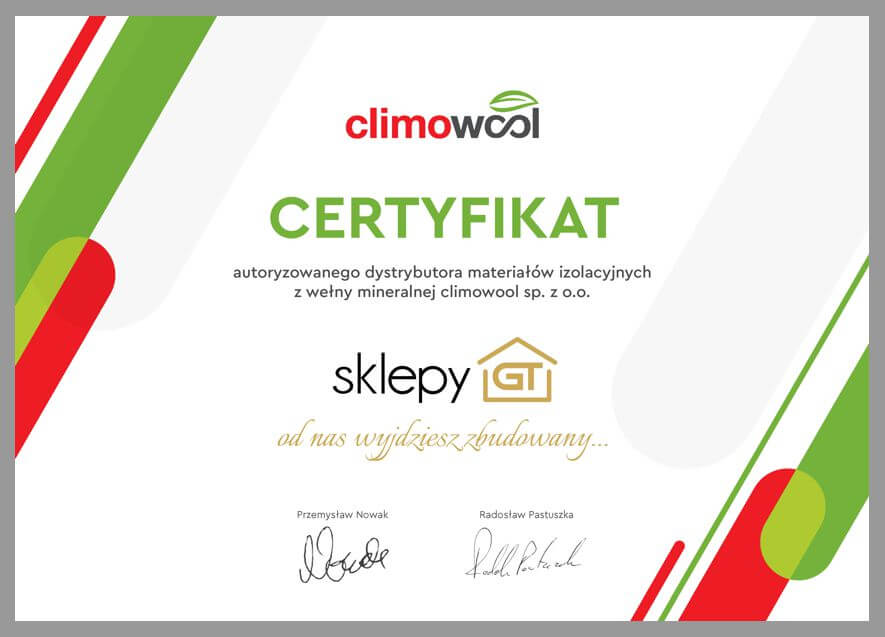 Certyfikat sprzedawcy Climowool dla hurtowni izolacjeGT.pl (SklepyGT sp. z o.o.)